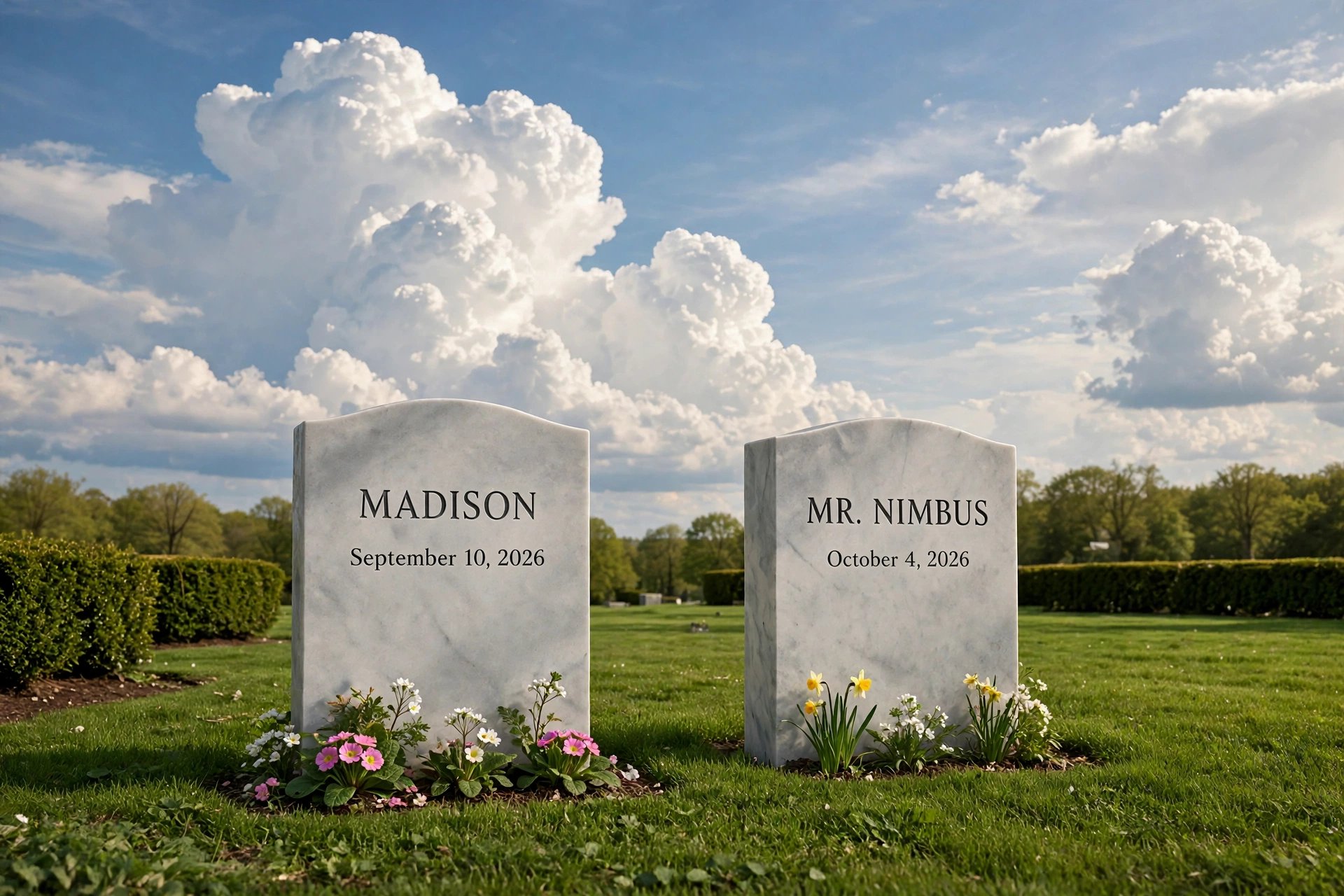 Memorial stones for Madison and Mr. Nimbus beneath a towering cloud